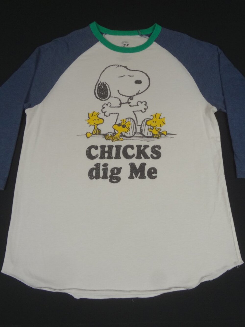 PEANUTS SNOOPY WOODSTOCK CHICKS DIG ME WHITE BLUE LARGE RAGLAN T-SHIRT L990